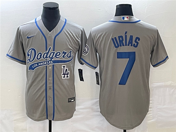 Men's Los Angeles Dodgers #7 Julio Ur??as Gray With Patch Cool Base Stitched Baseball Jersey